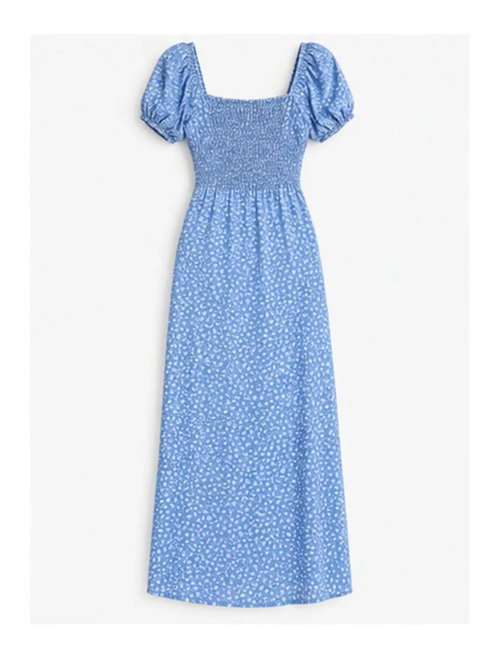 NA-KD Light Blue Floral Puff Sleeve Ruched Midi Dress Side Slit 6 S